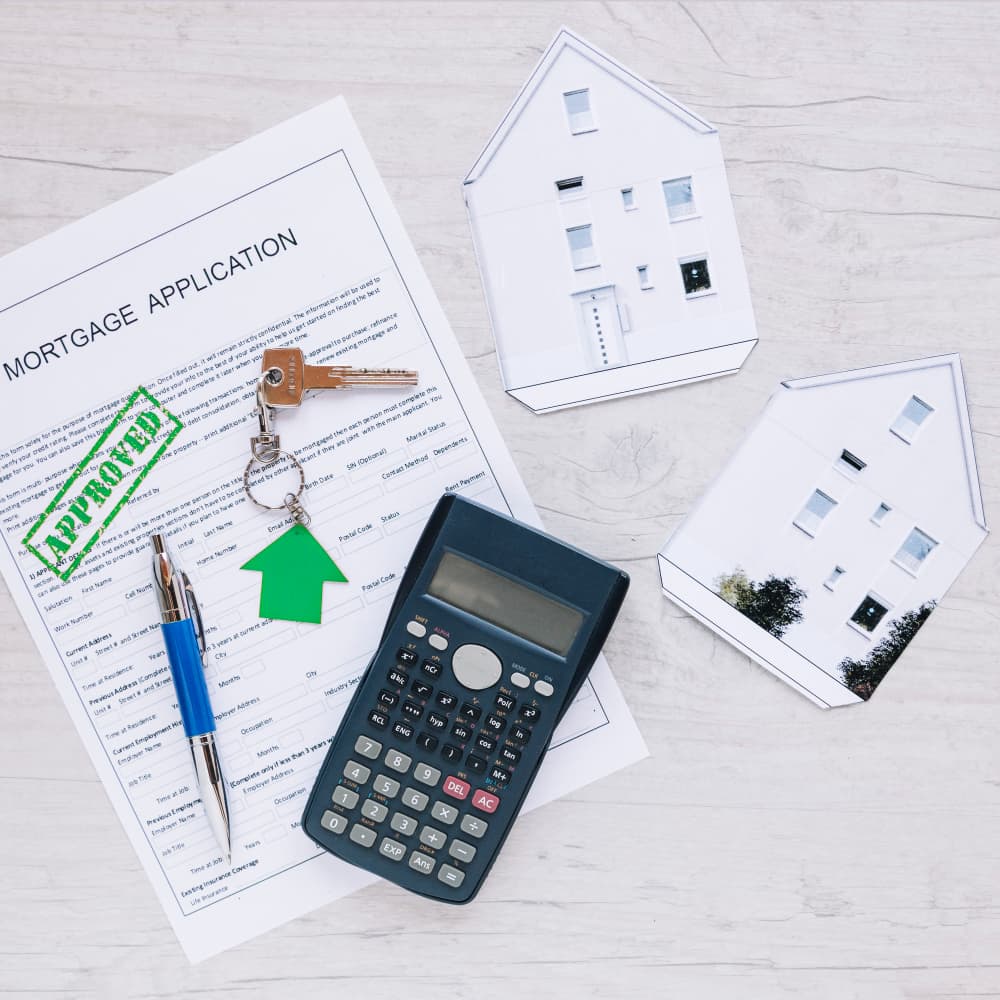 Mortgage application stamped "Approved" on a table with a calculator, pen, keys, and house paper cutouts.