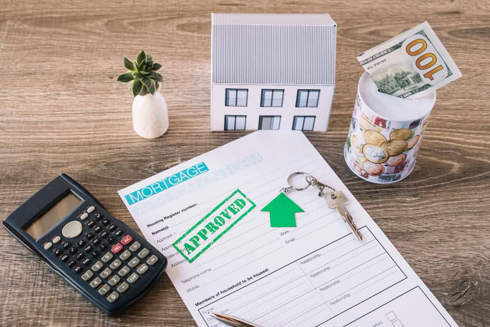 Model house, calculator, money jar, and stamped "approved" mortgage document with key—symbolizing mortgage approval.