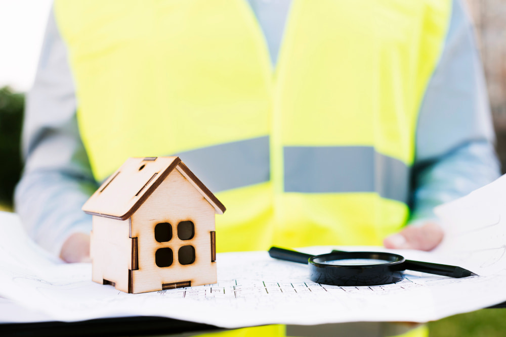 A person in a neon yellow vest holds architectural blueprints. A small wooden house model and a magnifying glass rest on them.