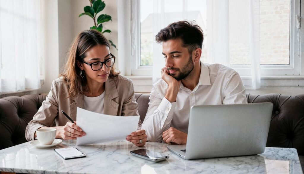 Couple reading a mortgage quotation at a table with a laptop, smartphone, and coffee.